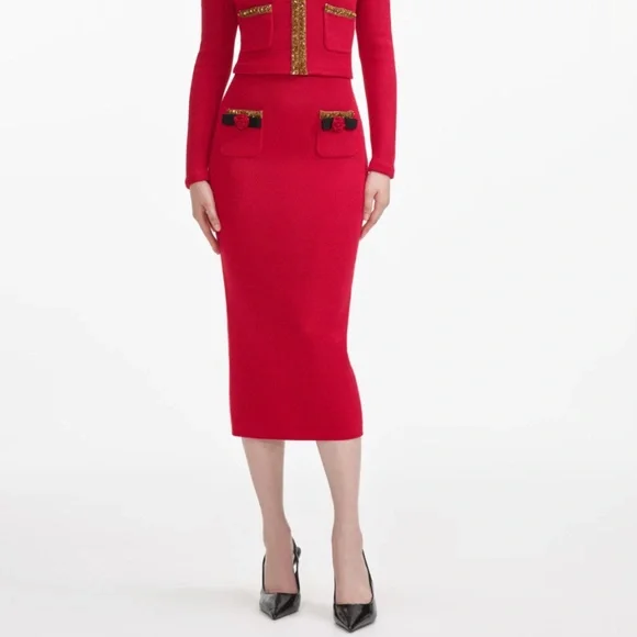 self-portrait Red Textured Knit Corsage Midi Skirt Size Small - MSRP $380 - NWT - Picture 8 of 8